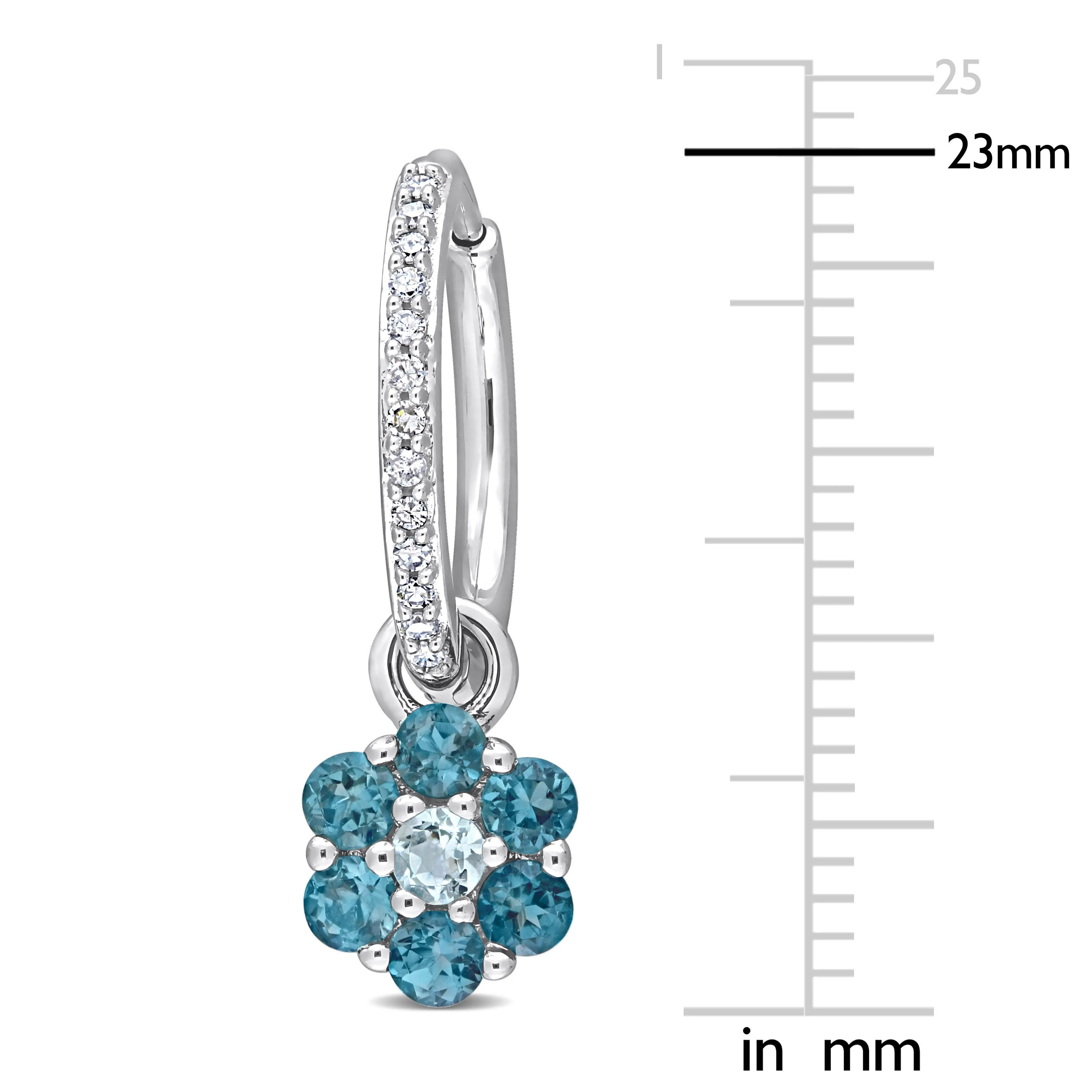 1 1/10 CT TGW London and Sky Blue Topaz and 1/8 CT TDW Diamond Floral Huggie Earrings in 10k White Gold