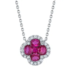 14K Gold Ruby Diamond Clover Pendant Necklace