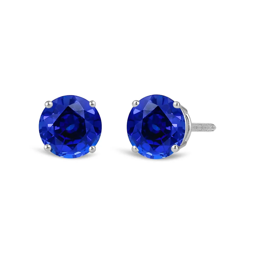 14K Solid White Gold Classic Four Prong Stud Earrings | Round Cut Created Sapphire | Screw Back Posts | With Gift Box