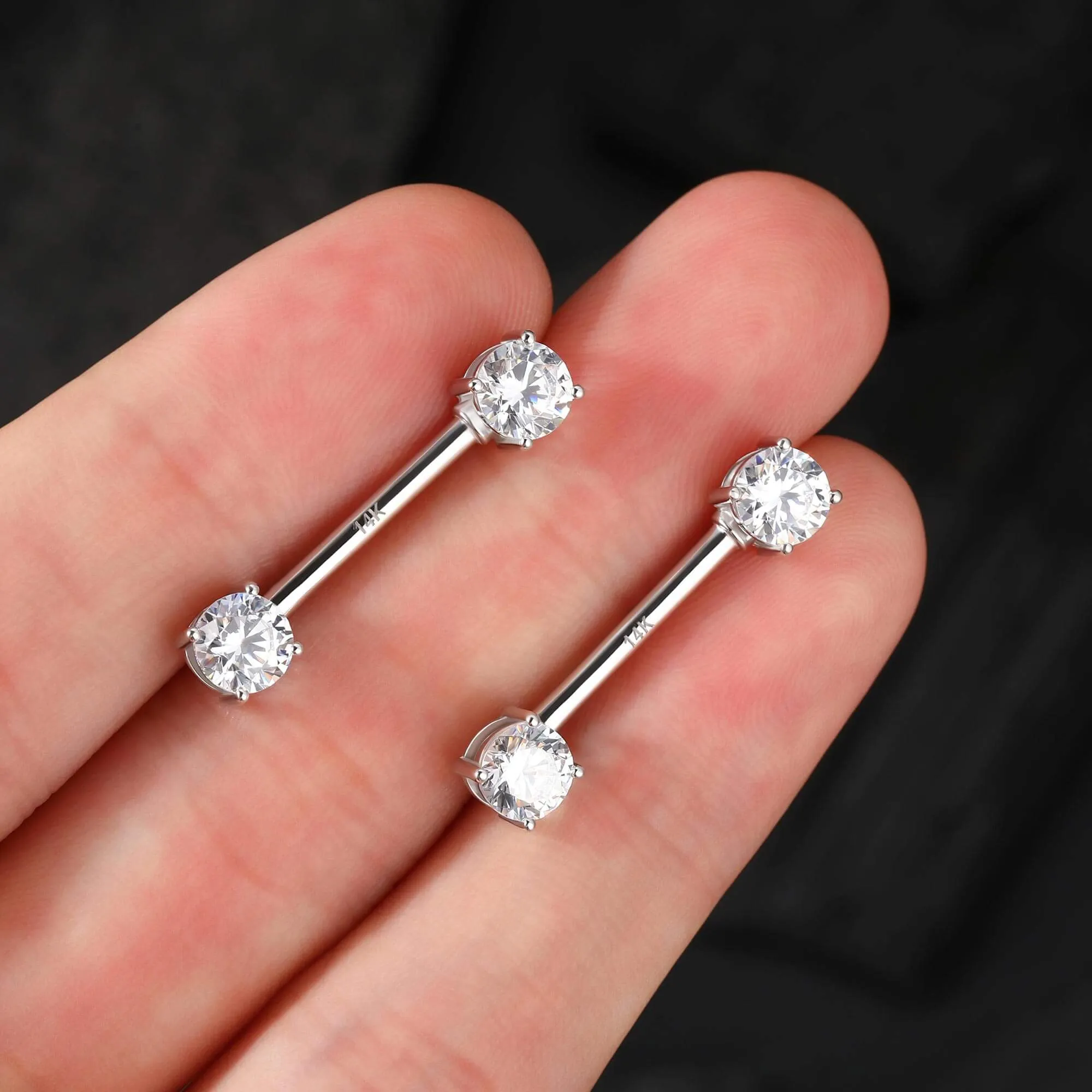 14K White Gold 14G Round CZ 2 Pcs Nipple Barbell Rings