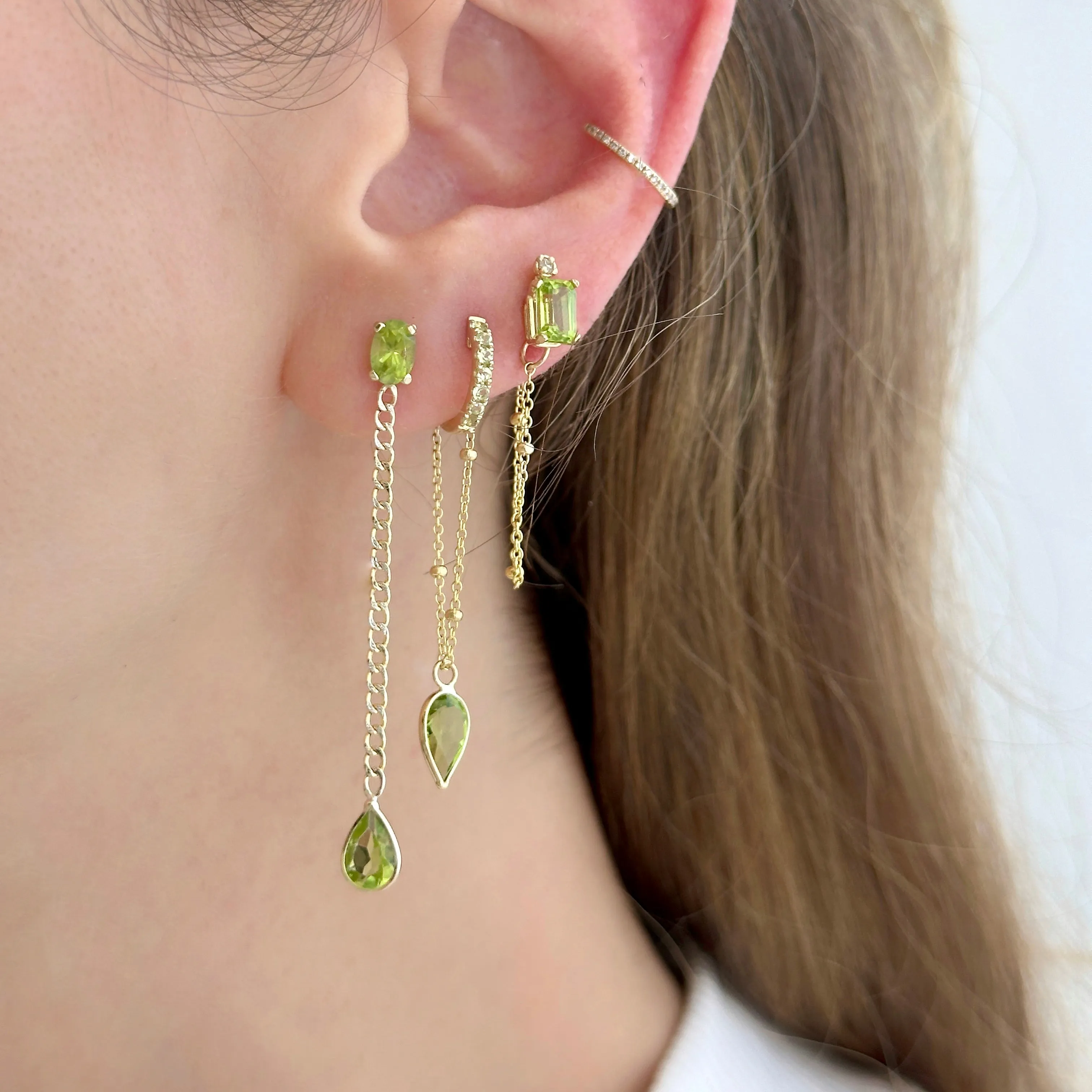 14K Yellow Gold Oval And Drop Peridot Cuban Chain Earrings