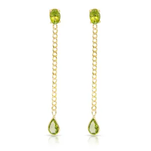 14K Yellow Gold Oval And Drop Peridot Cuban Chain Earrings