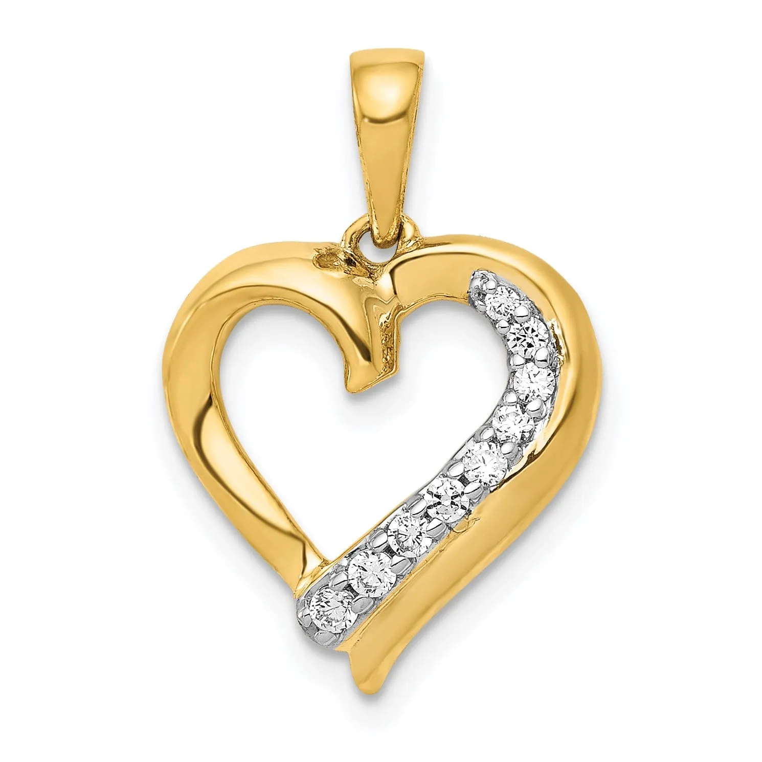 14k Yellow Gold, White Rhodium Polished Finish 0.099-CT Diamond Heart Design Charm Pendant