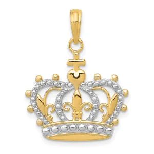 14K Yellow Gold White Rhodium Solid Textured Polished Finish Mens Crown Design Charm Pendant