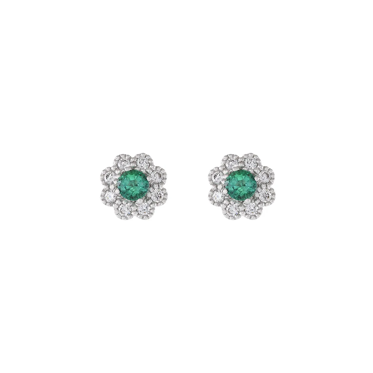 14KT White Gold Emerald And Diamond Flower Earrings