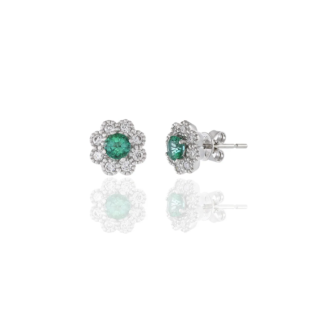 14KT White Gold Emerald And Diamond Flower Earrings