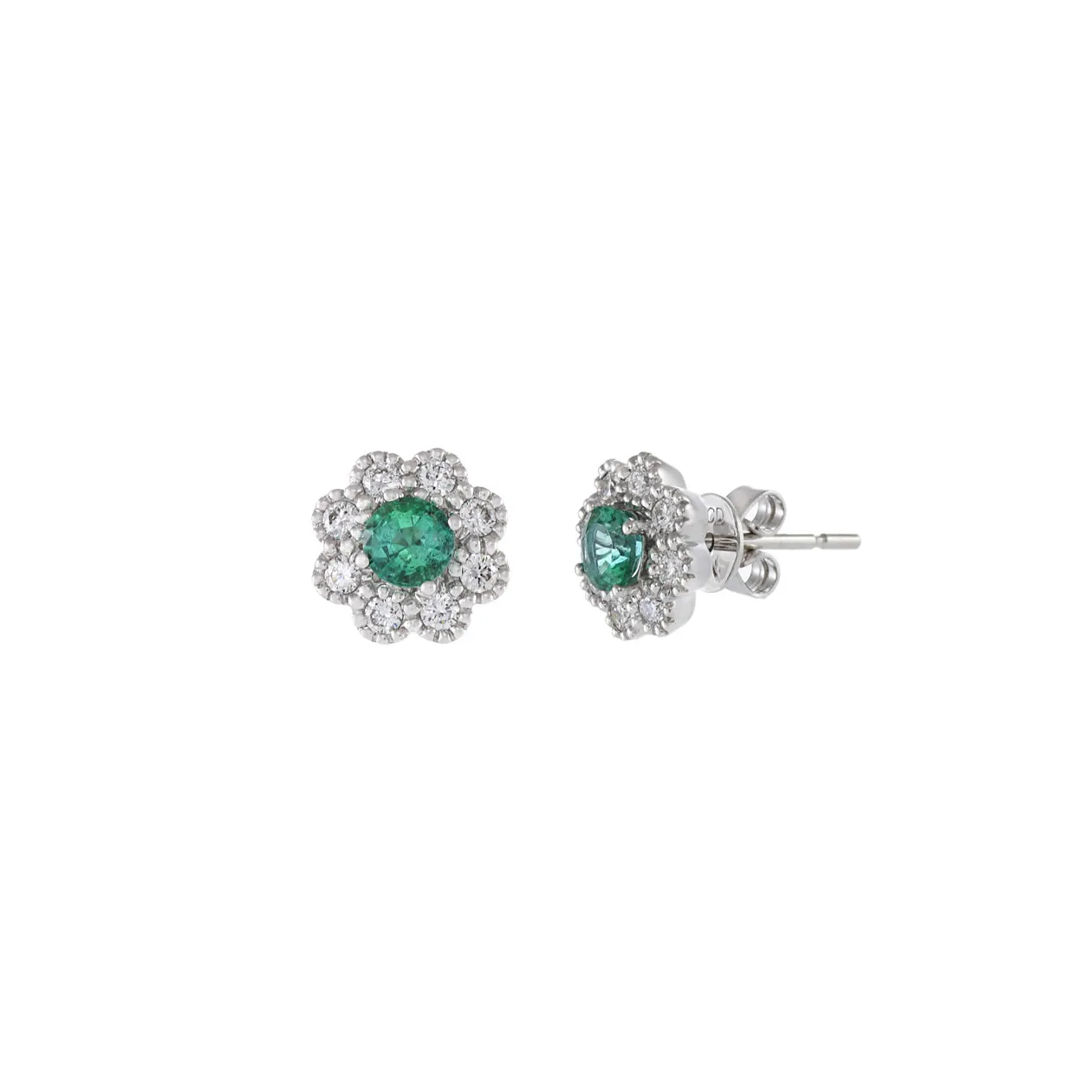 14KT White Gold Emerald And Diamond Flower Earrings