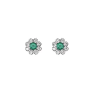 14KT White Gold Emerald And Diamond Flower Earrings