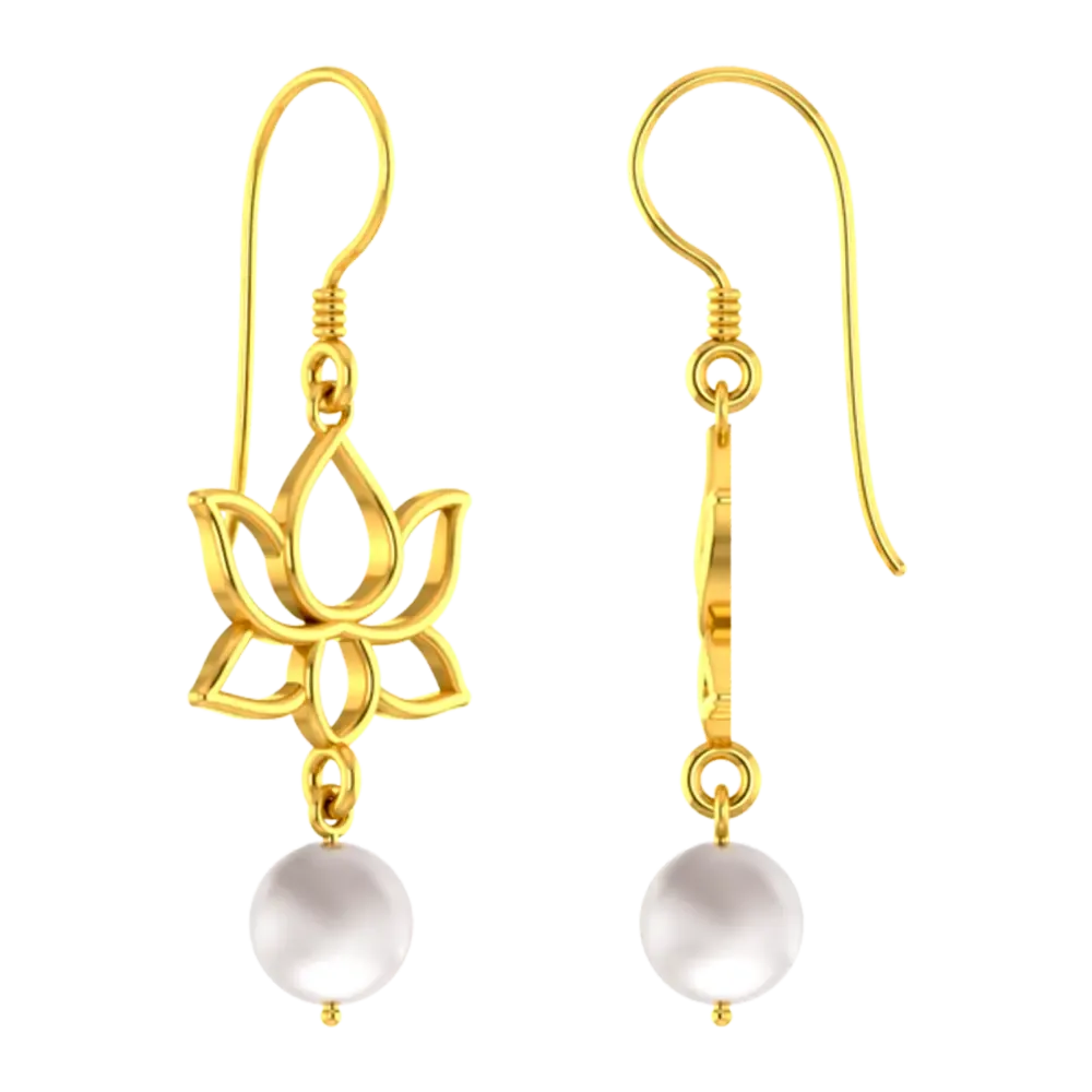 18k Gold Earrings With A Lotus Design And A Pearl