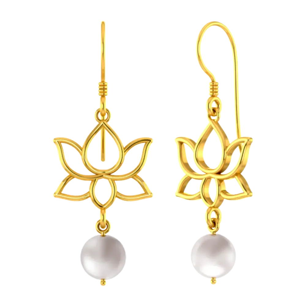 18k Gold Earrings With A Lotus Design And A Pearl