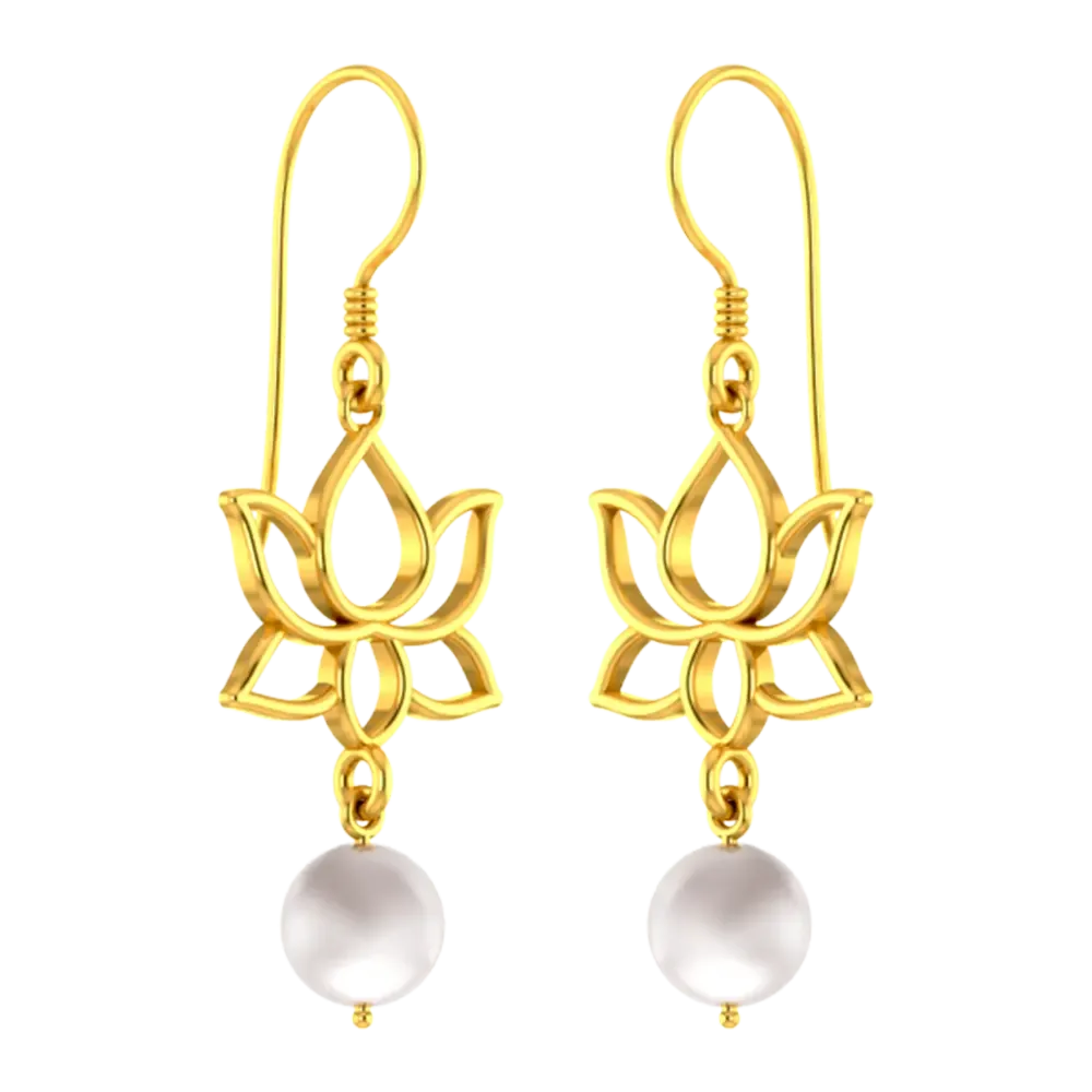 18k Gold Earrings With A Lotus Design And A Pearl