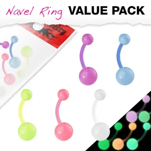 5 Pack Bioflex Glow In The Dark Flexible Belly Rings