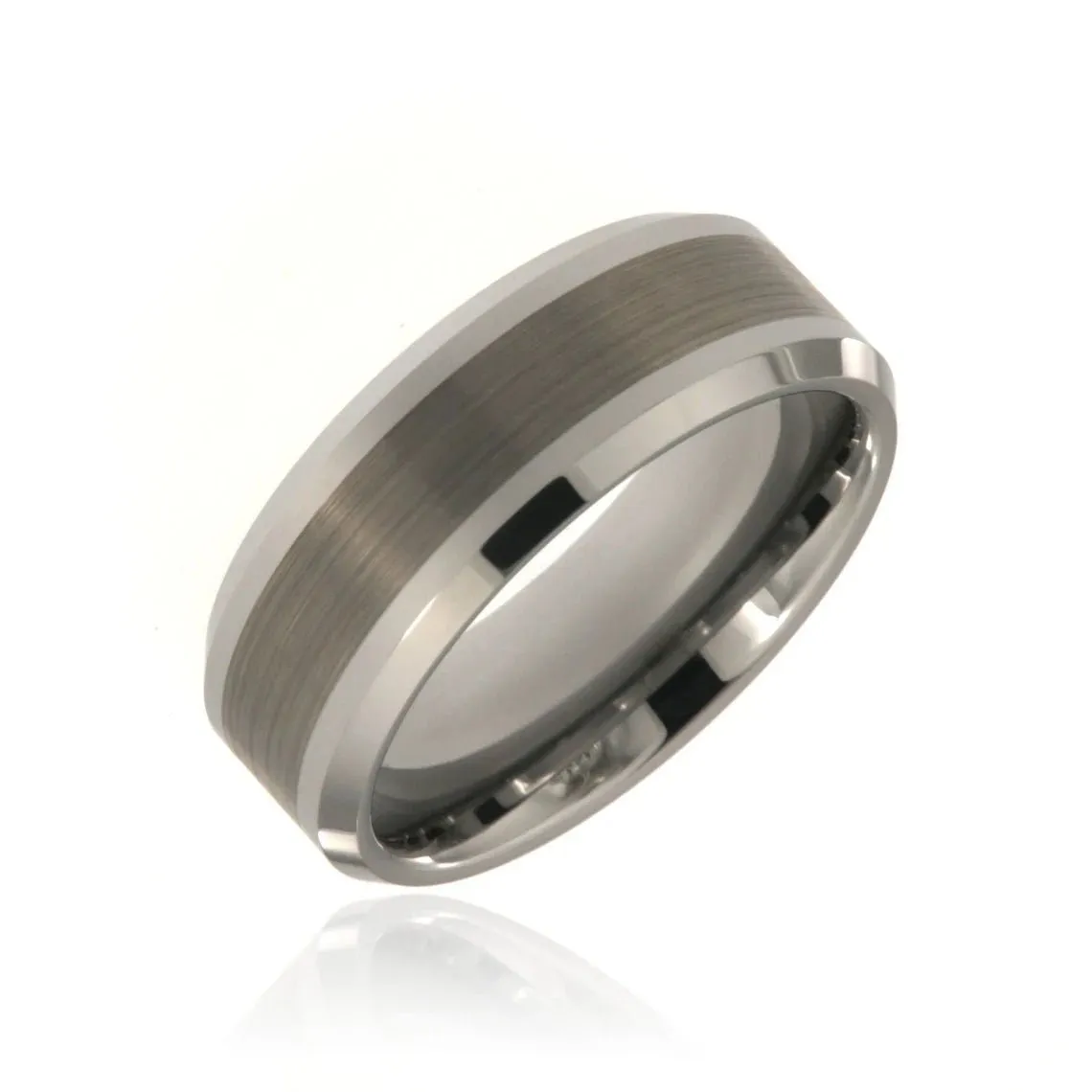 8mm Tungsten Carbide Men's Ring, Brush Center With Polished Beveled Edge - FREE Personalization