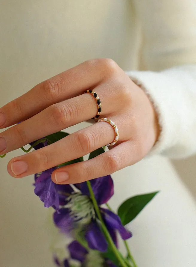 925 Silver Black and White Enamel Striped Ring