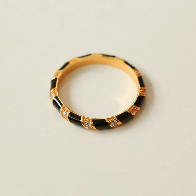 925 Silver Black and White Enamel Striped Ring