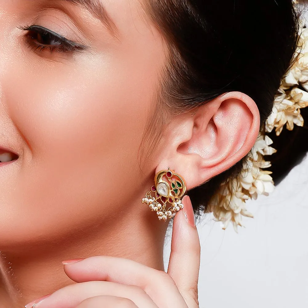 92.5 Silver Swan Motif Kundan Stud Earrings