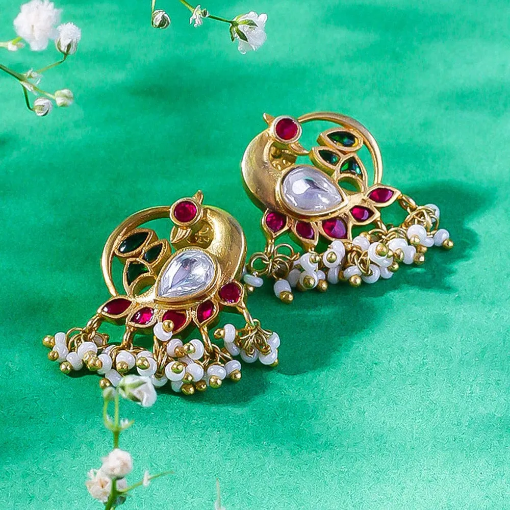 92.5 Silver Swan Motif Kundan Stud Earrings