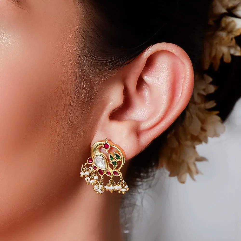 92.5 Silver Swan Motif Kundan Stud Earrings