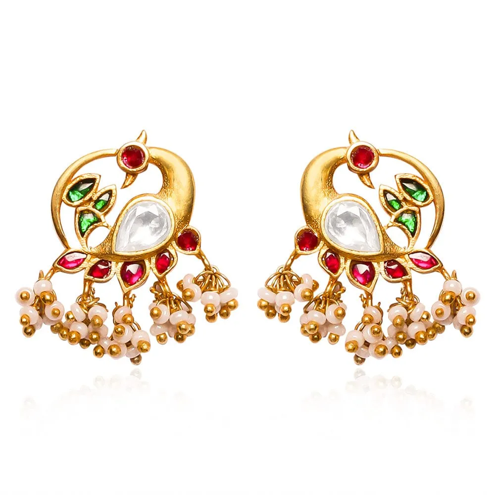 92.5 Silver Swan Motif Kundan Stud Earrings