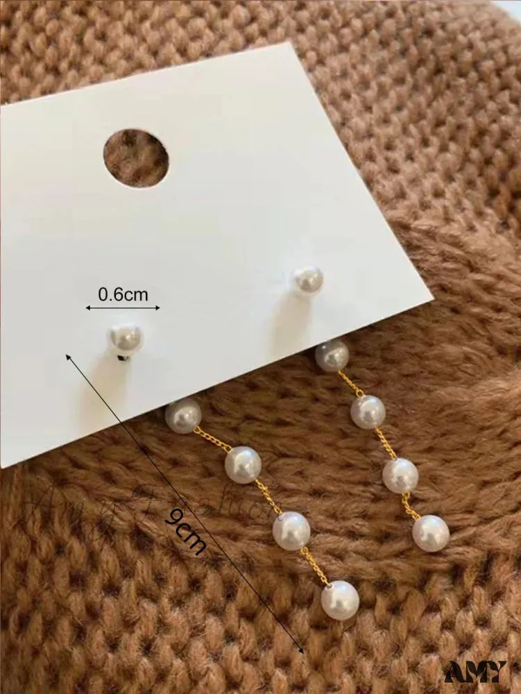 Amy Fashion - Temperament Simple Long Chain Tassel Faux Pearl Earrings