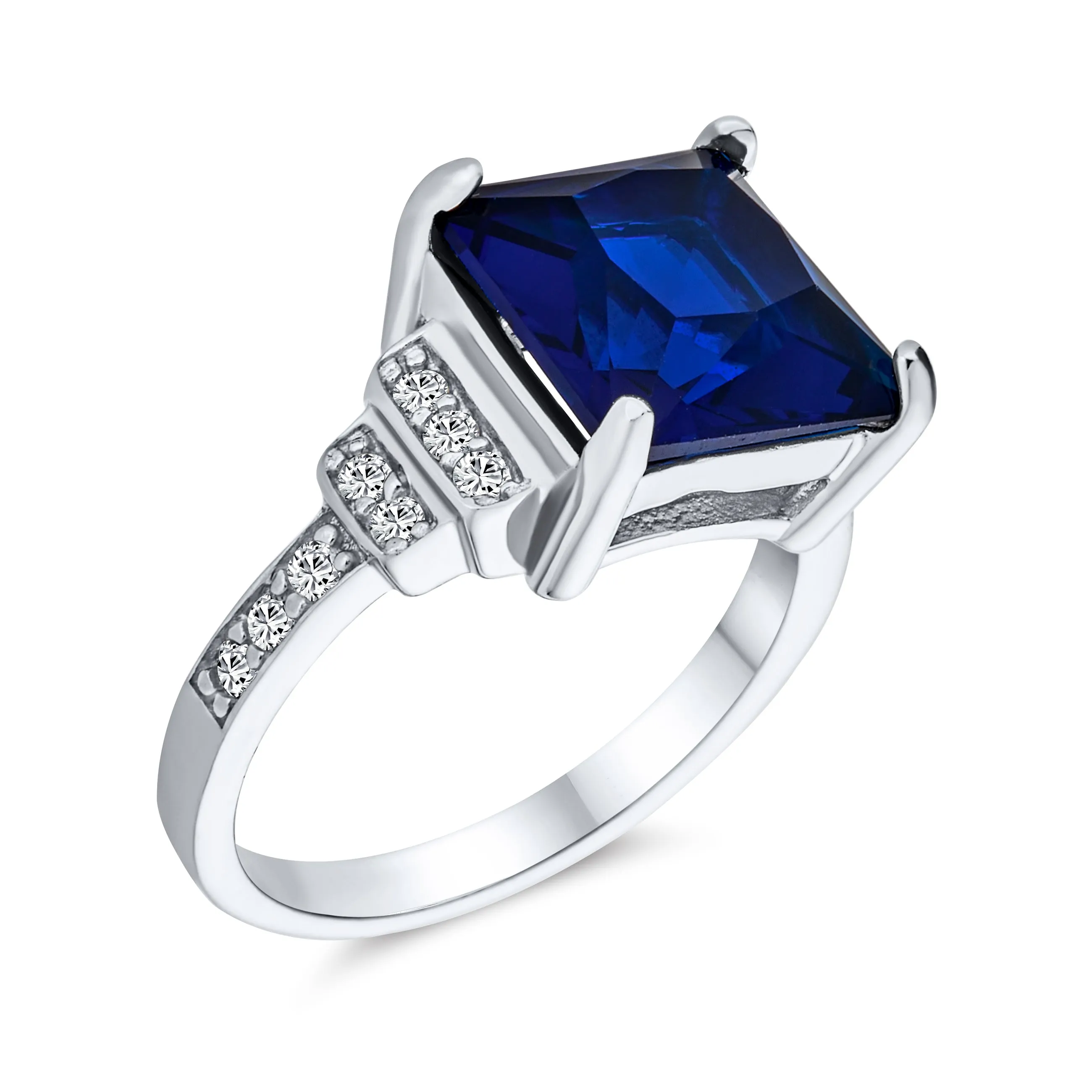 Art Deco Blue Sapphire CZ Engagement Ring, Princess Cut, Sterling Silver, 2-5 CTW