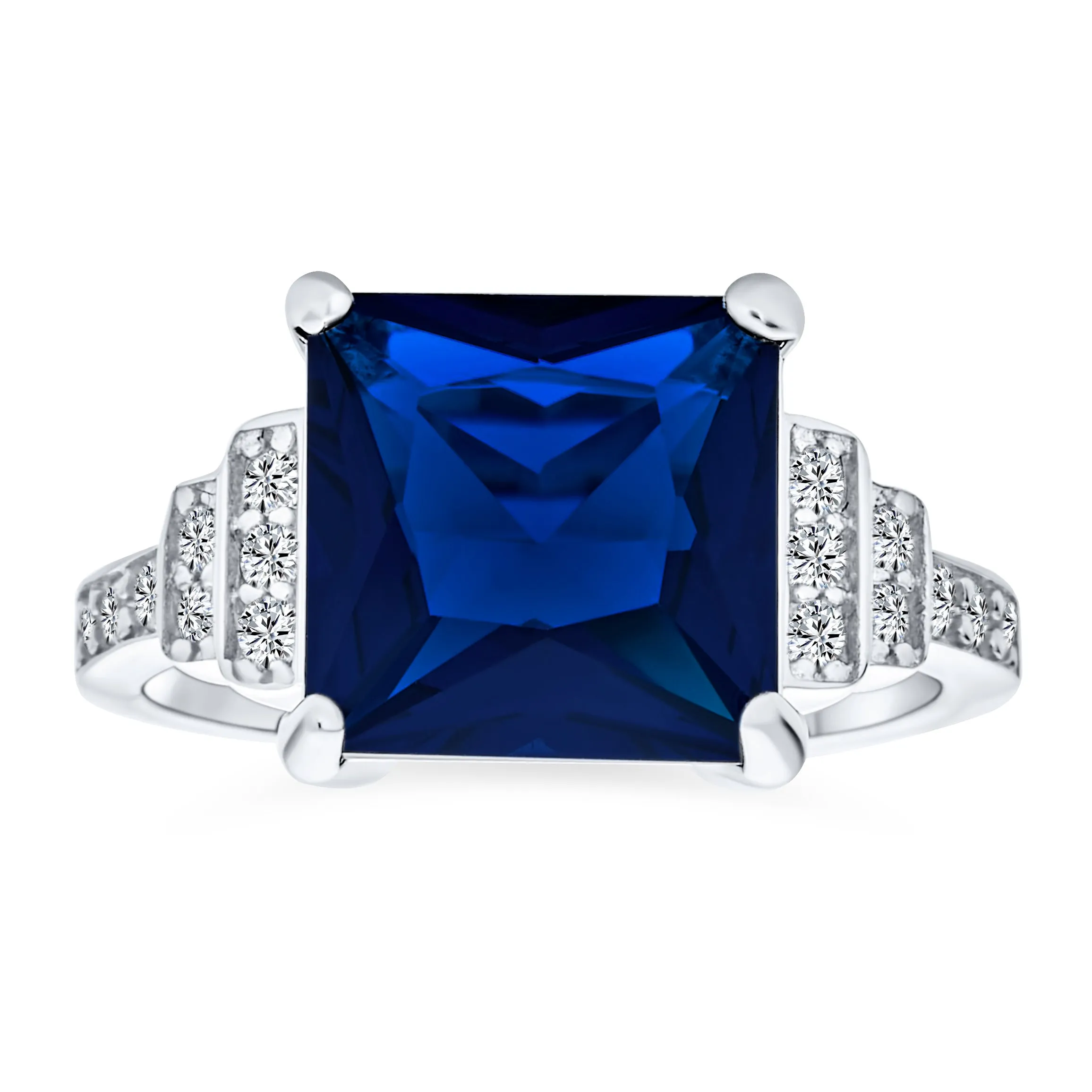 Art Deco Blue Sapphire CZ Engagement Ring, Princess Cut, Sterling Silver, 2-5 CTW