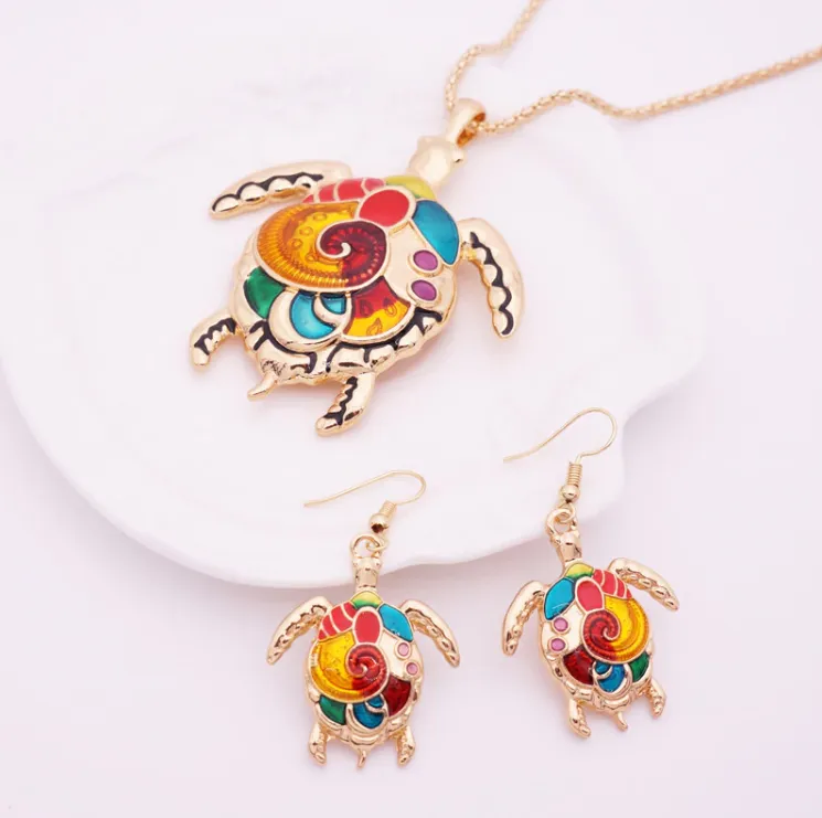 Artsy Sea Turtle Enamel Necklace and Earrings Set