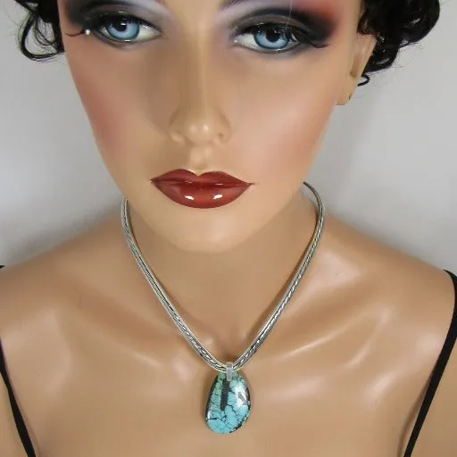 Big Turquoise Pendant  on Silver Neck wire Necklace