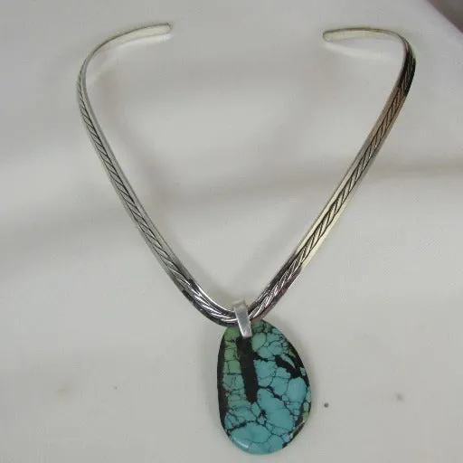 Big Turquoise Pendant  on Silver Neck wire Necklace