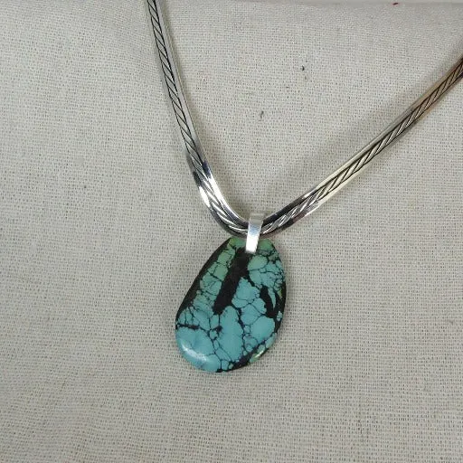 Big Turquoise Pendant  on Silver Neck wire Necklace