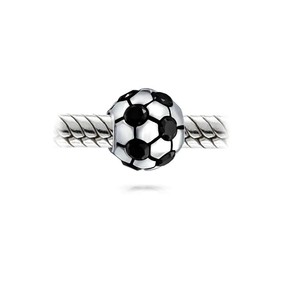 Black CZ Soccer Ball Mom Football Player Charm Bead Silver for European Bracelet