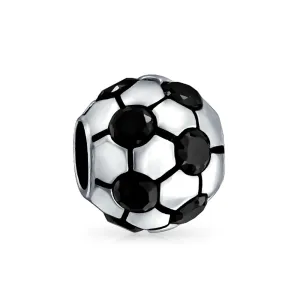 Black CZ Soccer Ball Mom Football Player Charm Bead Silver for European Bracelet