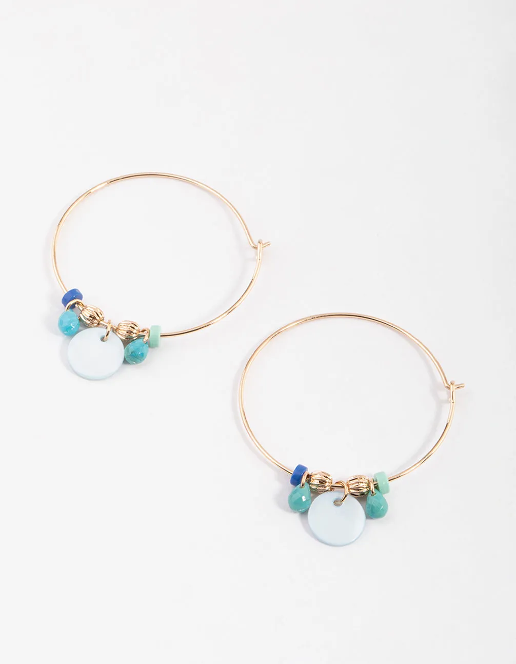 Blue Bead & Disc Wire Hoop Earrings