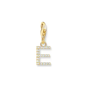 Charm pendant letter E with white stones gold plated