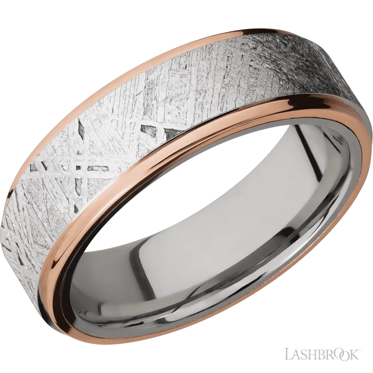 Cobalt Chrome Flat Band with 14K Rose Gold Edges and a Meteorite Inlay - 7MM