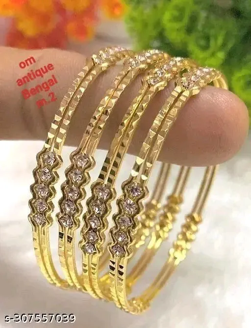 Elegant Gold Plated Traditional Bangle Set for Women &amp; Girls – 4 Pcs with Cubic Zirconia Stones