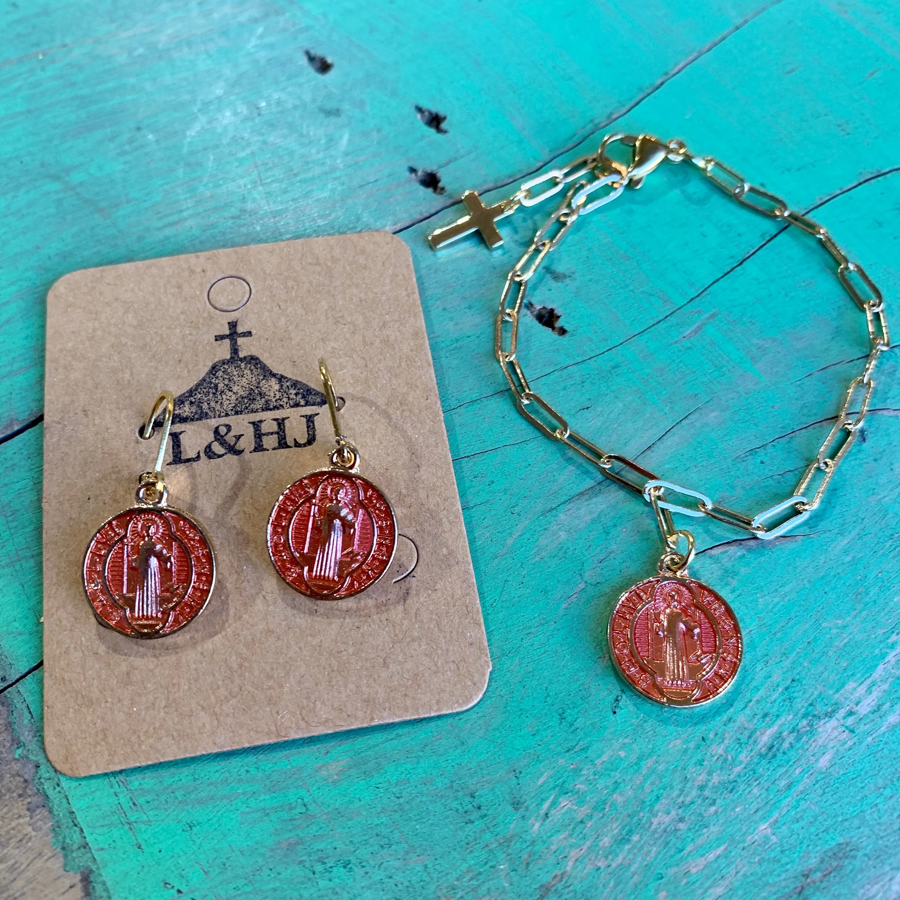 Enamel St Benedict Earrings and Bracelets