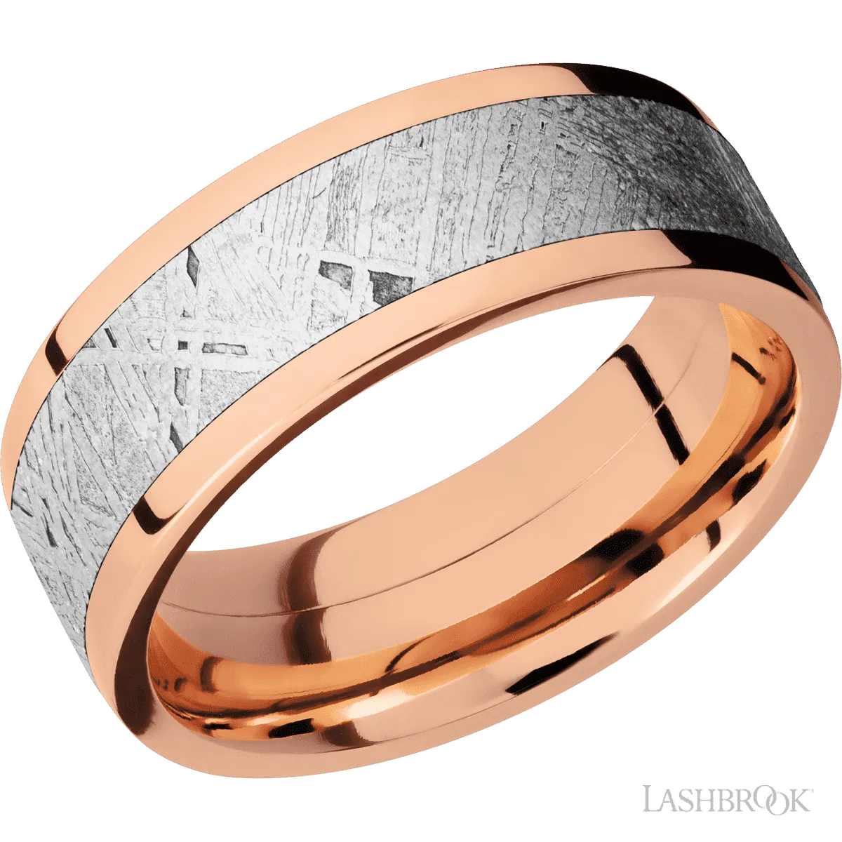 Flat 14K Rose Gold with Polish Finish and Meteorite Inlay - 8MM