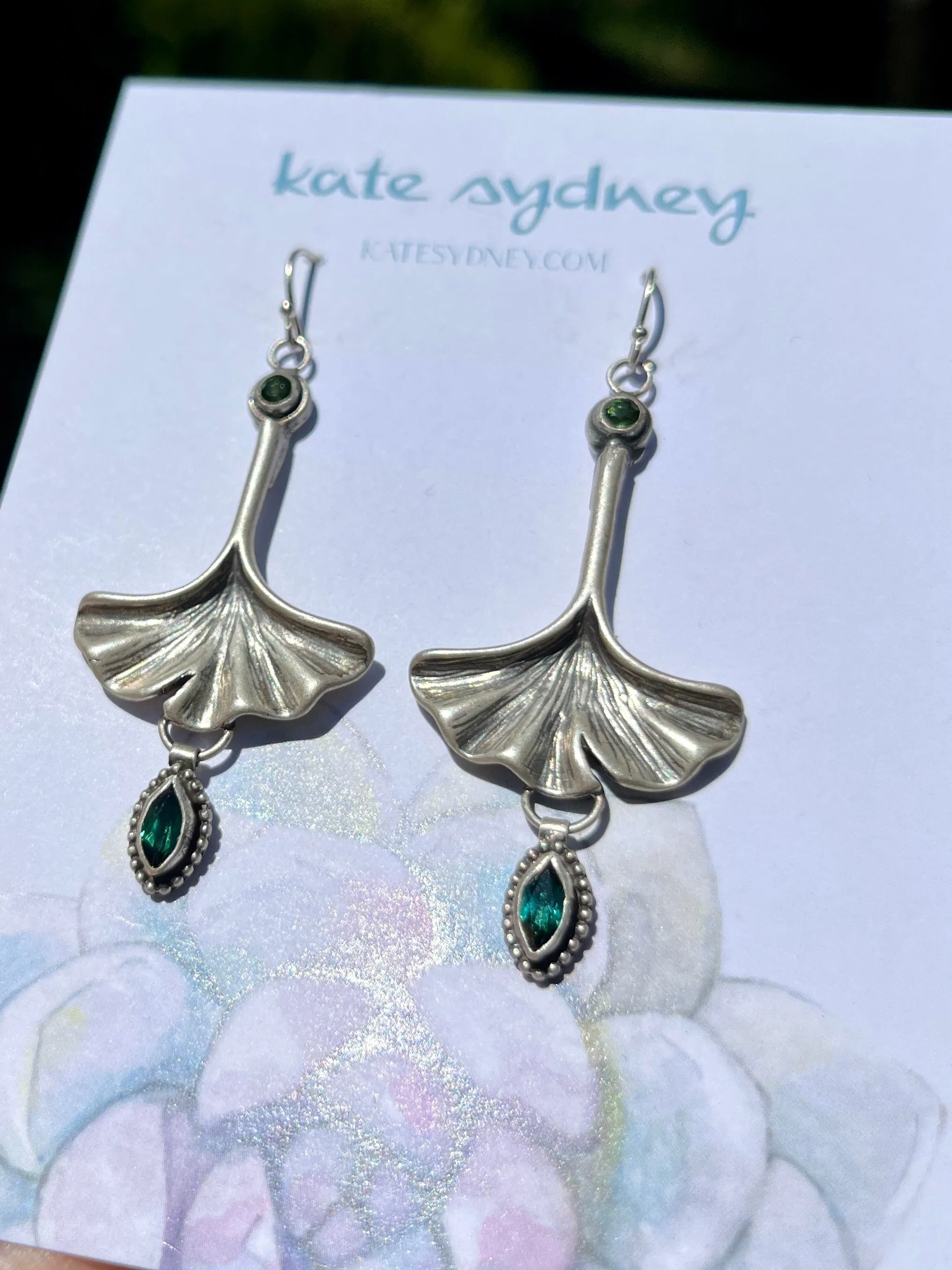 Ginkgo Leaf and Green Tourmaline Earrings ￼