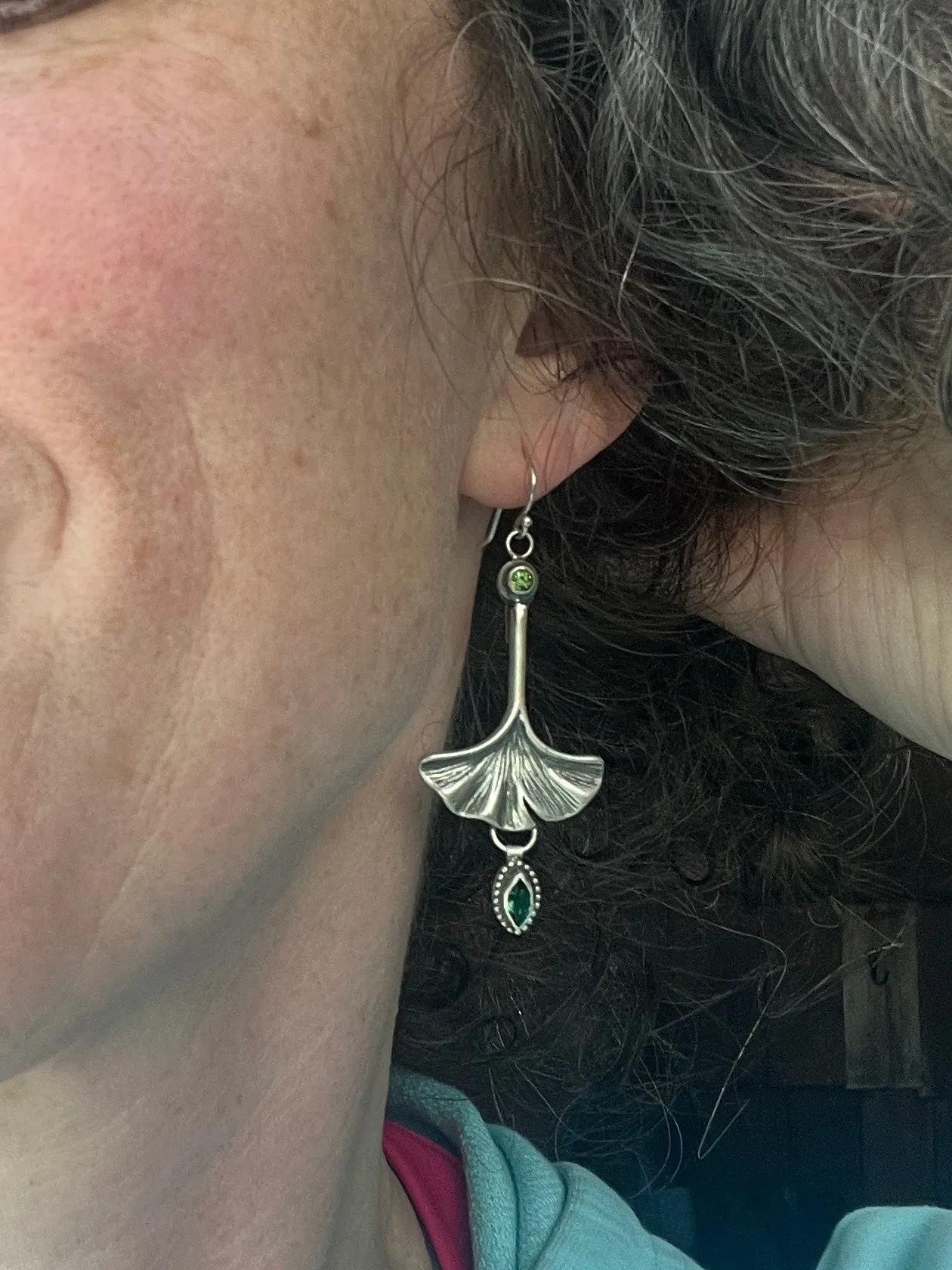 Ginkgo Leaf and Green Tourmaline Earrings ￼