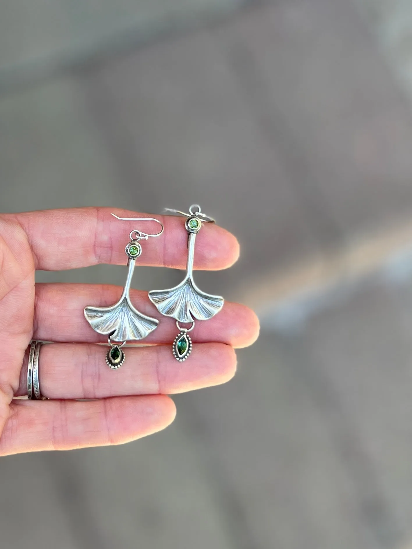 Ginkgo Leaf and Green Tourmaline Earrings ￼