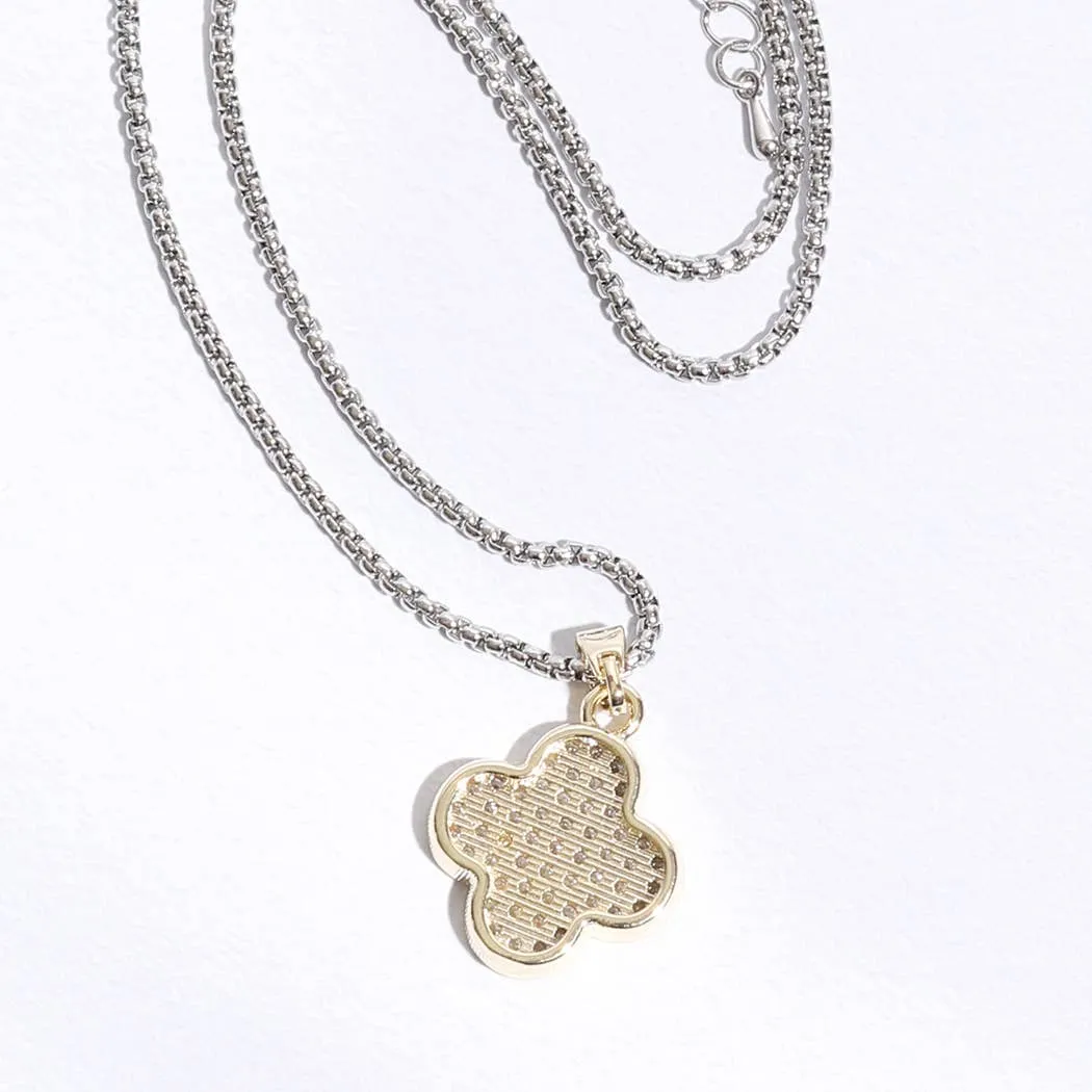 Gold Disc Clover Pave Chain Necklace