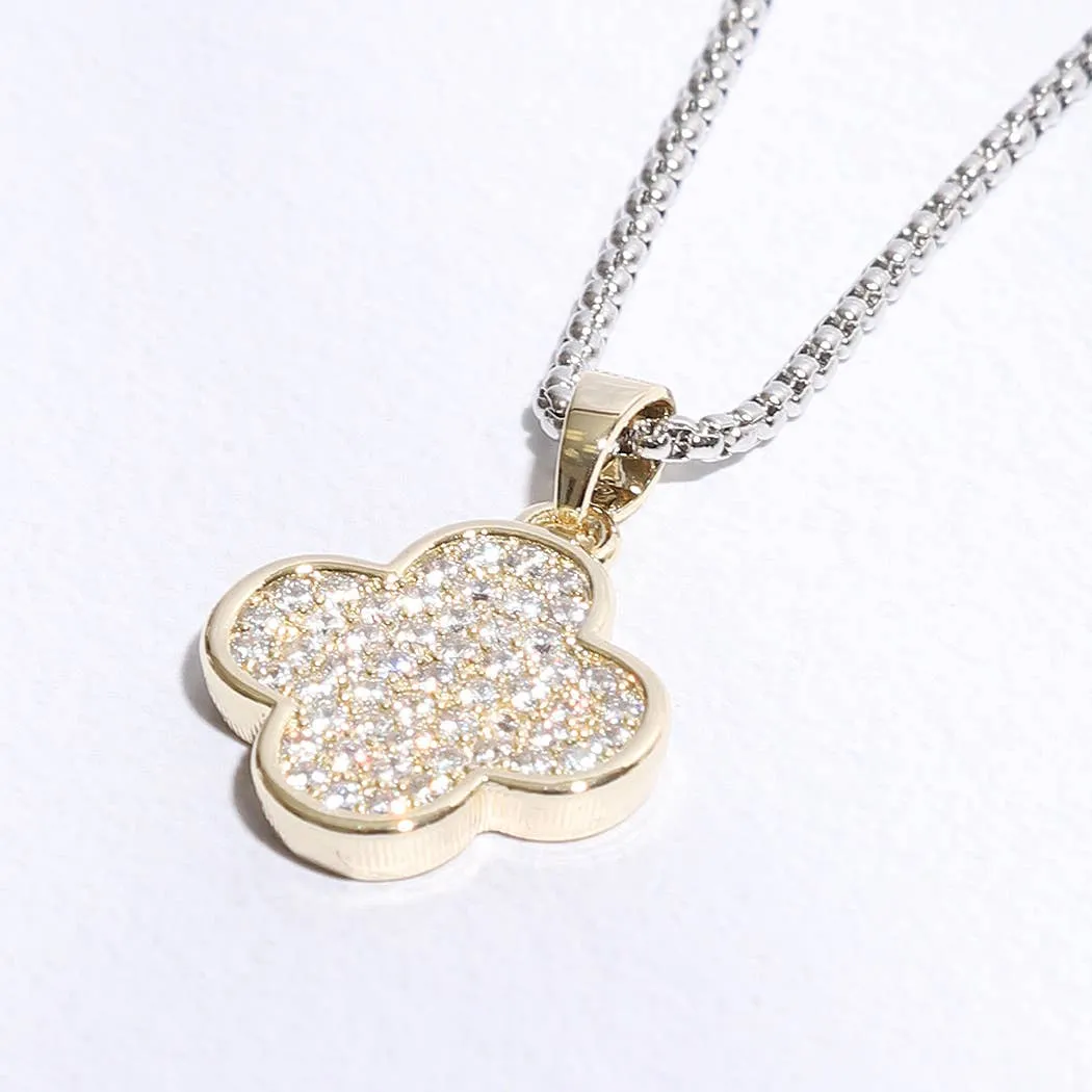 Gold Disc Clover Pave Chain Necklace