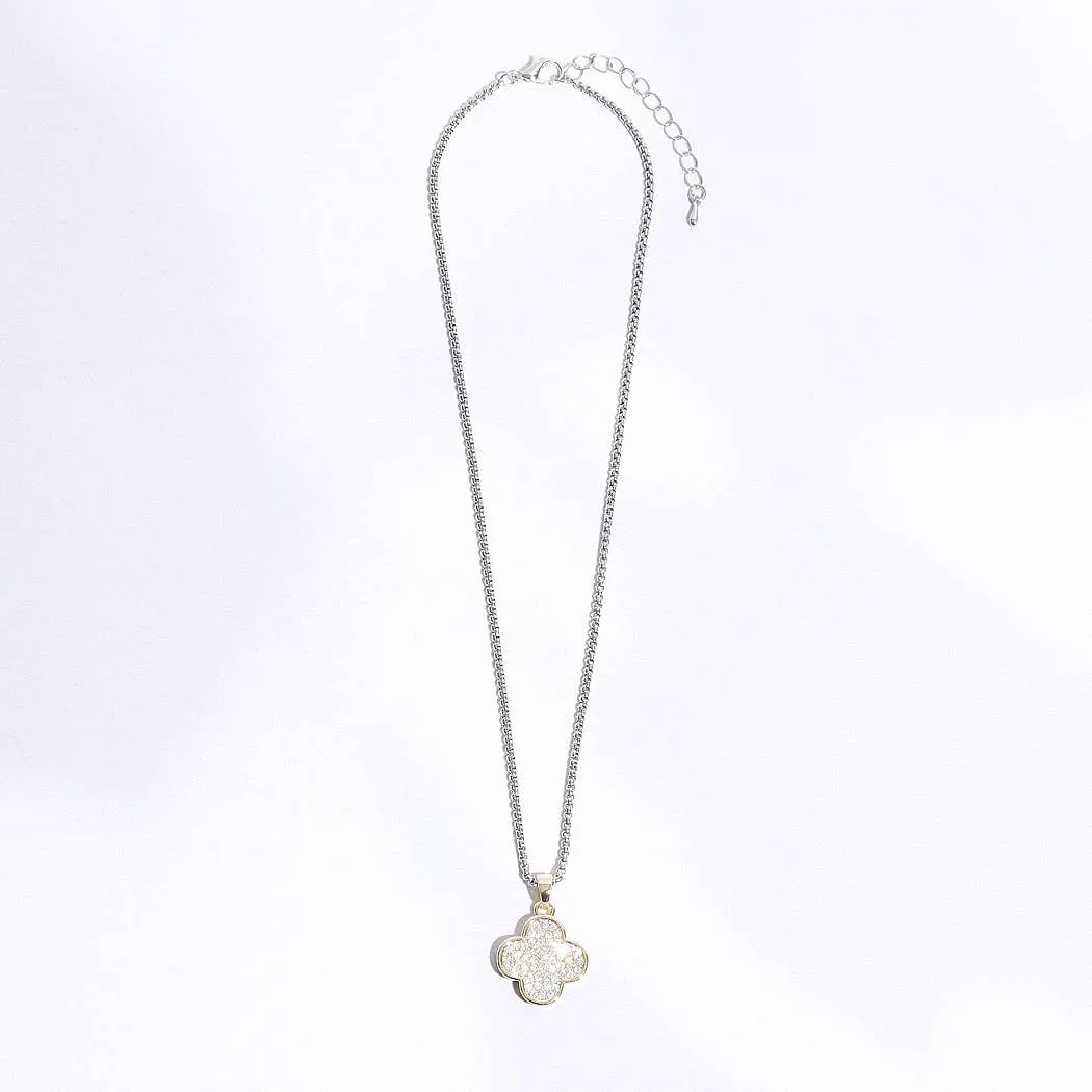 Gold Disc Clover Pave Chain Necklace