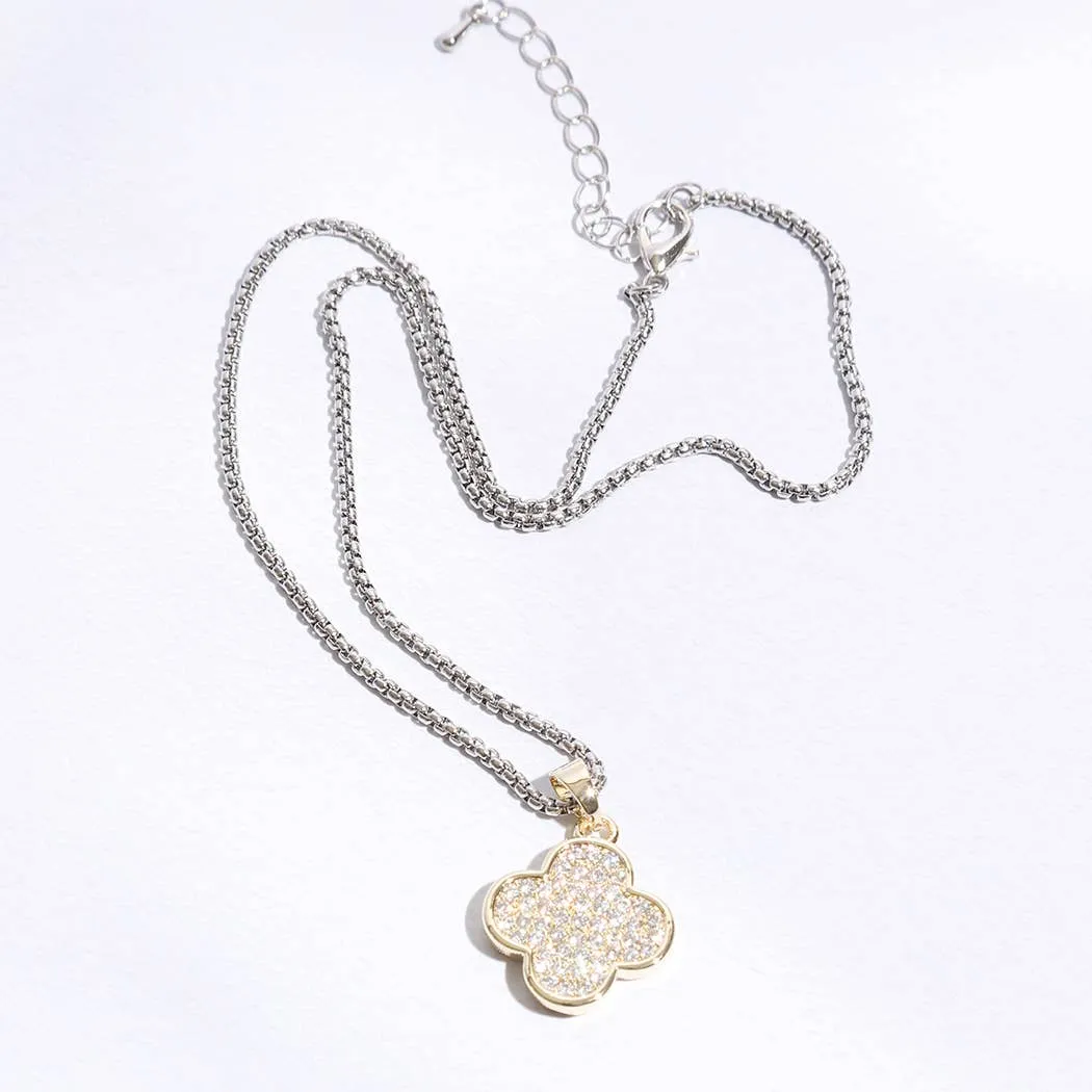 Gold Disc Clover Pave Chain Necklace