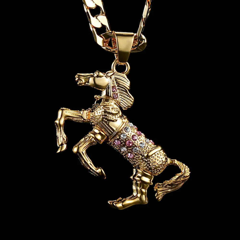 Gold Horse Pendant with Pink Stones 24 Inch 4mm Cuban Chain