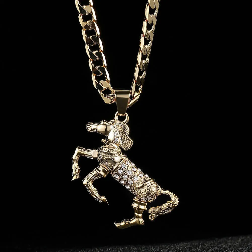 Gold Horse Pendant with Pink Stones 24 Inch 4mm Cuban Chain