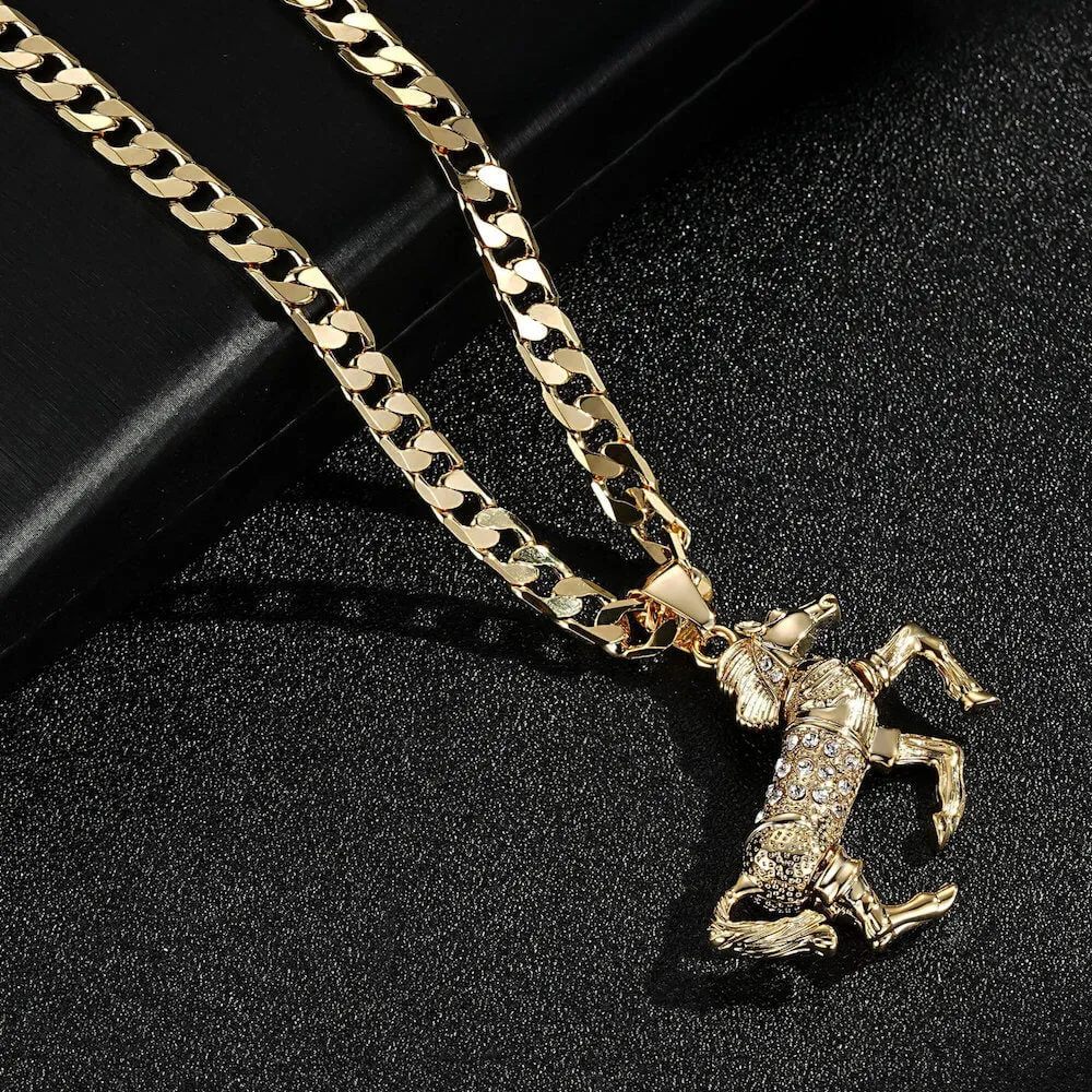 Gold Horse Pendant with Pink Stones 24 Inch 4mm Cuban Chain