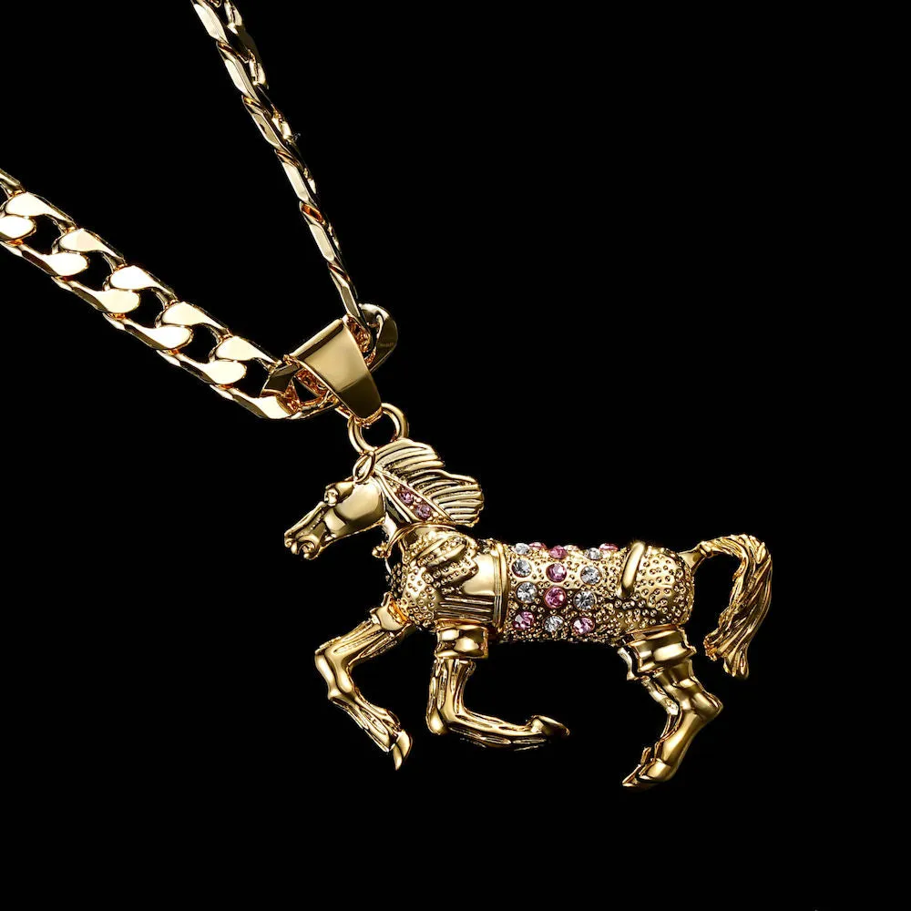 Gold Horse Pendant with Pink Stones 24 Inch 4mm Cuban Chain