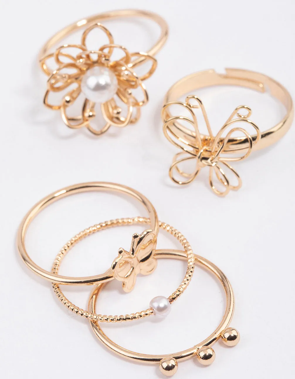 Gold Wire Flower & Butterfly Ring Pack